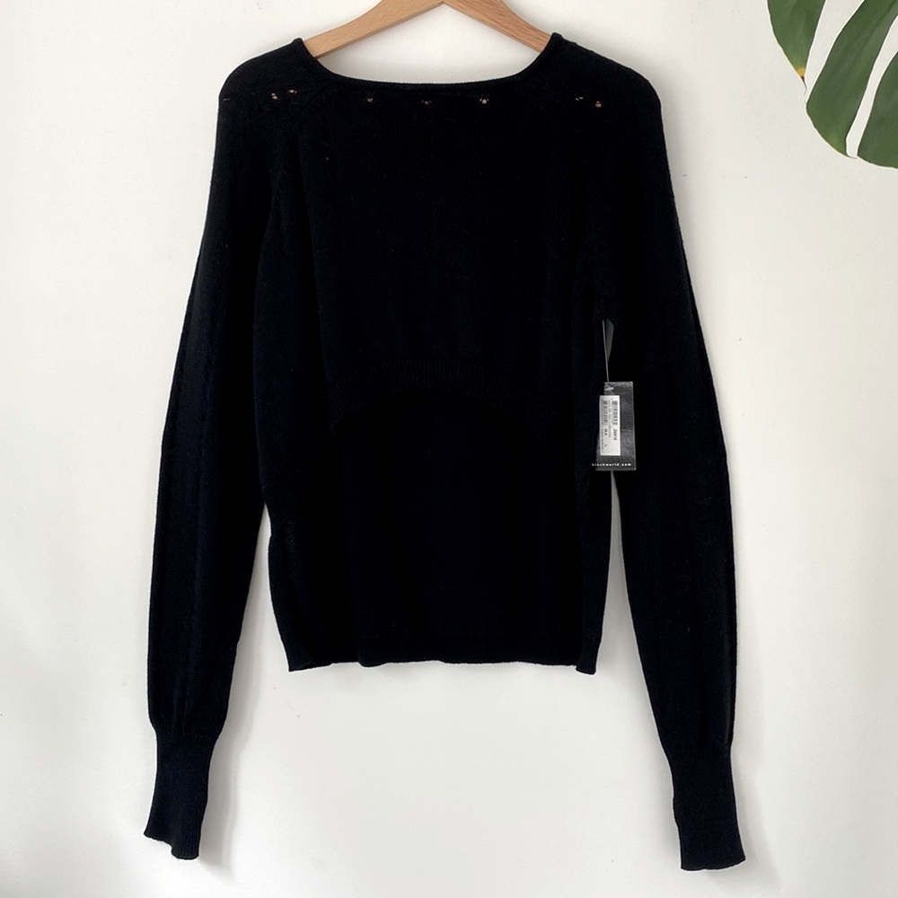 high low black sweater crotchet detail dance sweater ballet warmup sweater bloch